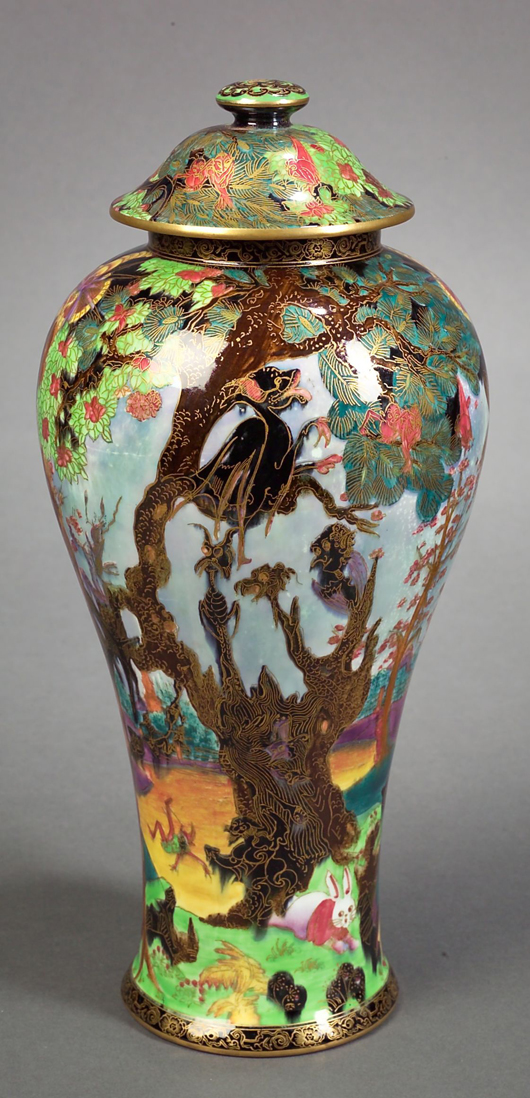 Frightening creatures and twisted trees inhabit the Ghostly Wood, created by Daisy Makeig-Jones. This desirable covered vase (15 1/2 inches high), marked with the pattern number Z4968, brought $37,600 in a January 2007 decorative arts sale. Image courtesy of Skinner Inc.